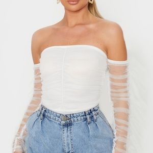 White Strapless ruched sleeves bodysuit